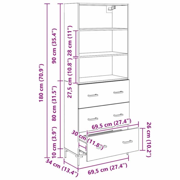 vidaXL Highboard Čierny dub 69,5 x 34 x 180 cm Kompozitné drevo – Obrázok 13