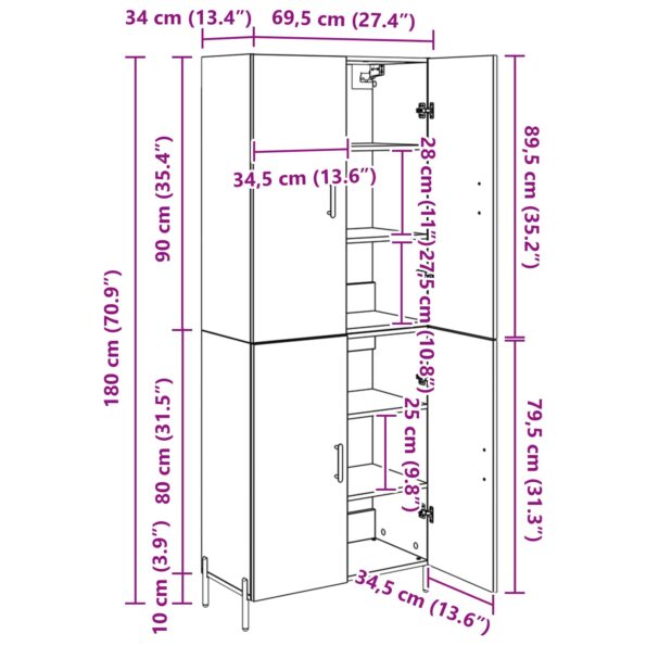 vidaXL Highboard Čierny dub 69,5 x 34 x 180 cm Kompozitné drevo – Obrázok 13
