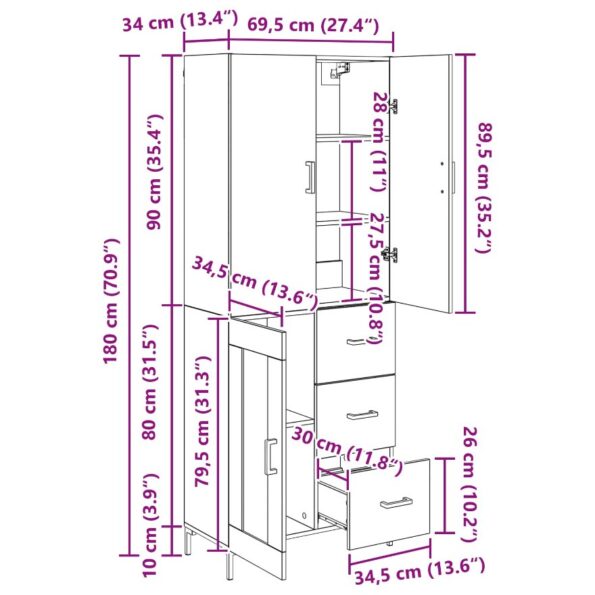vidaXL Highboard Čierny dub 69,5 x 34 x 180 cm Kompozitné drevo – Obrázok 13