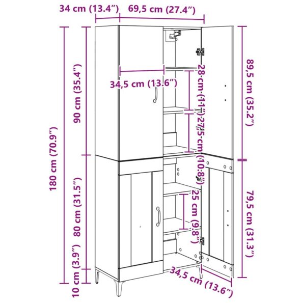 vidaXL Highboard Čierny dub 69,5 x 34 x 180 cm Kompozitné drevo – Obrázok 13