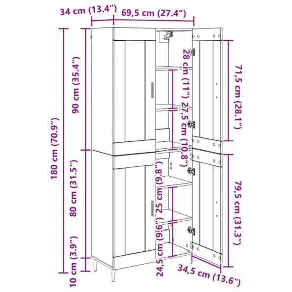 vidaXL Highboard Čierny dub 69,5 x 34 x 180 cm Kompozitné drevo – Obrázok 13