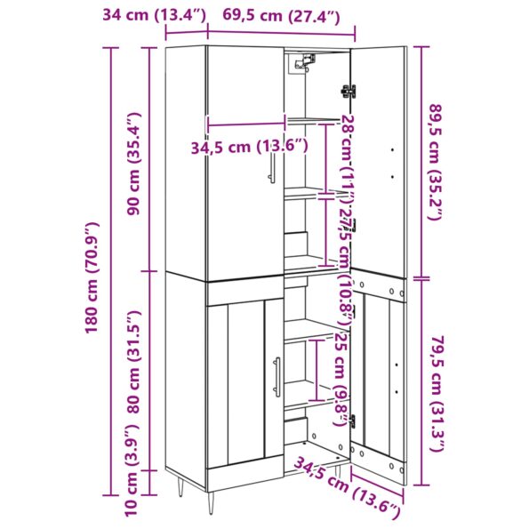 vidaXL Highboard Čierny dub 69,5 x 34 x 180 cm Kompozitné drevo – Obrázok 13