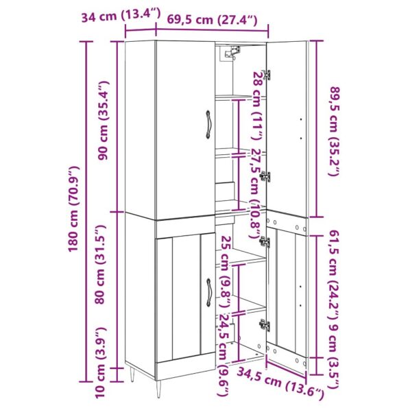 vidaXL Highboard Čierny dub 69,5 x 34 x 180 cm Kompozitné drevo – Obrázok 13