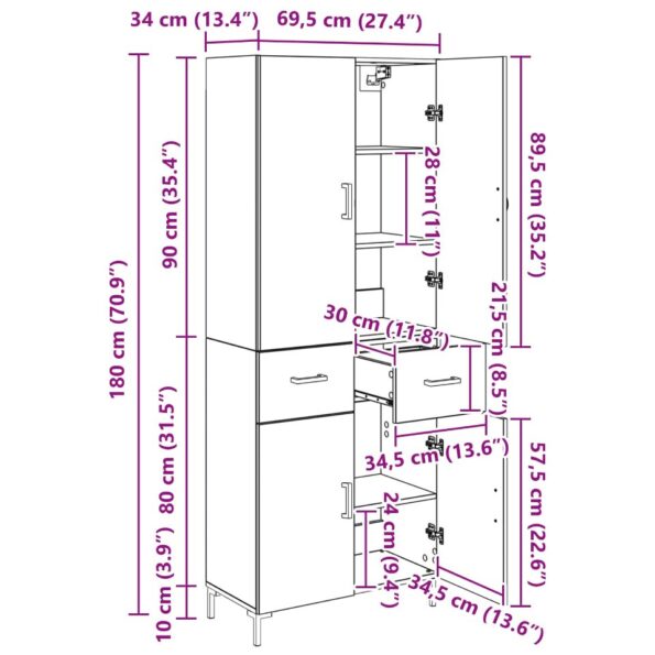 vidaXL Highboard Čierny dub 69,5 x 34 x 180 cm Kompozitné drevo – Obrázok 12