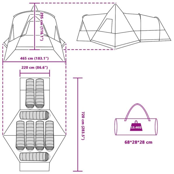 vidaXL Teepee stan so strechou s úložiskom Zelená 720 x 465 x 295 cm – Obrázok 13