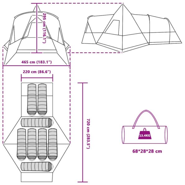 vidaXL Teepee stan pre 8 osôb Šedá a oranžová 720 x 465 x 295 cm – Obrázok 13