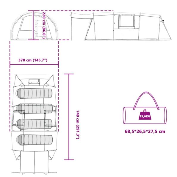 vidaXL Tunelový stan pre 4 osoby Modrá a šedá 740 x 370 x 220 cm – Obrázok 13