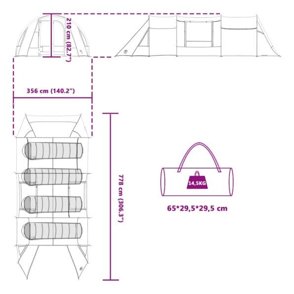 vidaXL Tunelový stan so strechou Modrá a šedá 778 x 356 x 210 cm – Obrázok 12