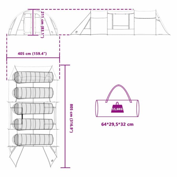 vidaXL Tunelový stan pre 5 osôb Modrá a šedá 805 x 405 x 211 cm – Obrázok 12