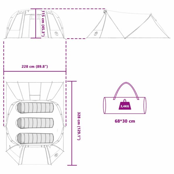 vidaXL Tunelový stan pre 3 osoby Modrá a šedá 328 x 228 x 115 cm – Obrázok 12