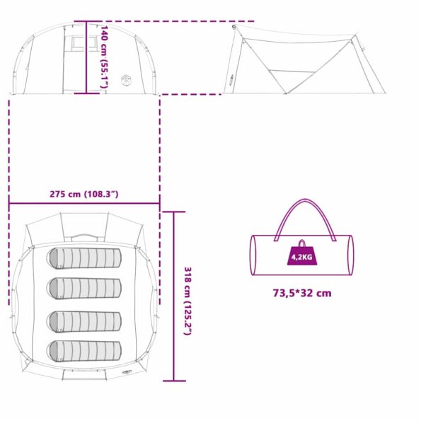 vidaXL Tunelový stan pre 4 osoby Modrá a šedá 318 x 275 x 140 cm – Obrázok 12