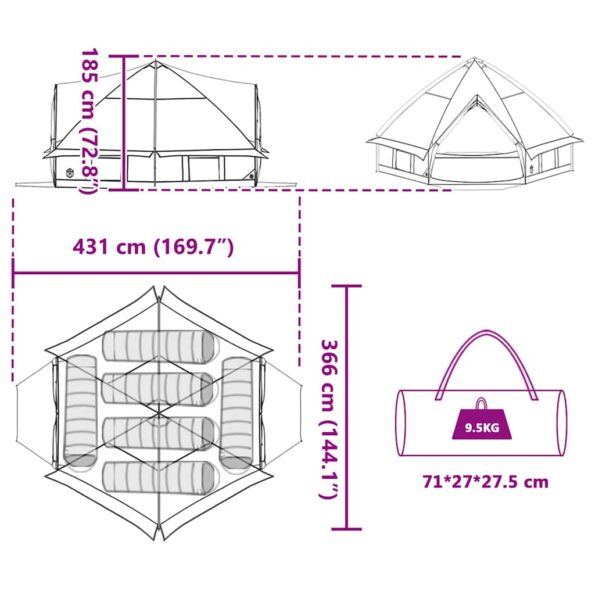 vidaXL Teepee stan pre 6 osôb Zelená a biela 431 x 366 x 185 cm – Obrázok 12