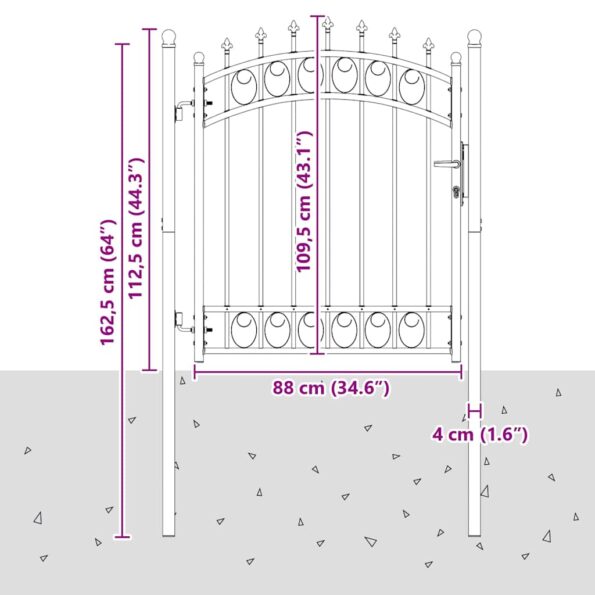 vidaXL Plotová brána s hrotmi so zámkom Sivá 125 x 100 cm – Obrázok 7