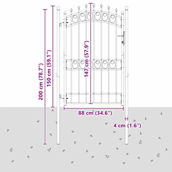 vidaXL Plotová brána s hrotmi so zámkom Sivá 200 x 100 cm – Obrázok 7