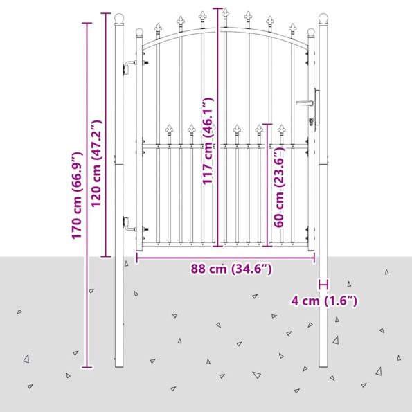 vidaXL Plotová brána s hrotmi so zámkom Sivá 150 x 100 cm – Obrázok 7