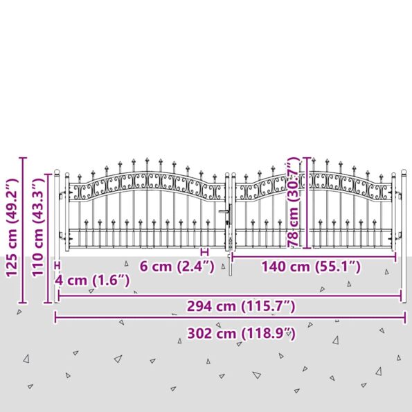 vidaXL Brána z Plotu s Špicatým Vrcholom Sivá 305 x 75 cm Oceľ – Obrázok 8