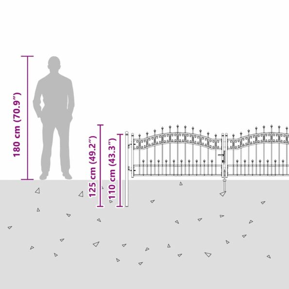 vidaXL Brána z Plotu s Špicatým Vrcholom Sivá 305 x 75 cm Oceľ – Obrázok 9