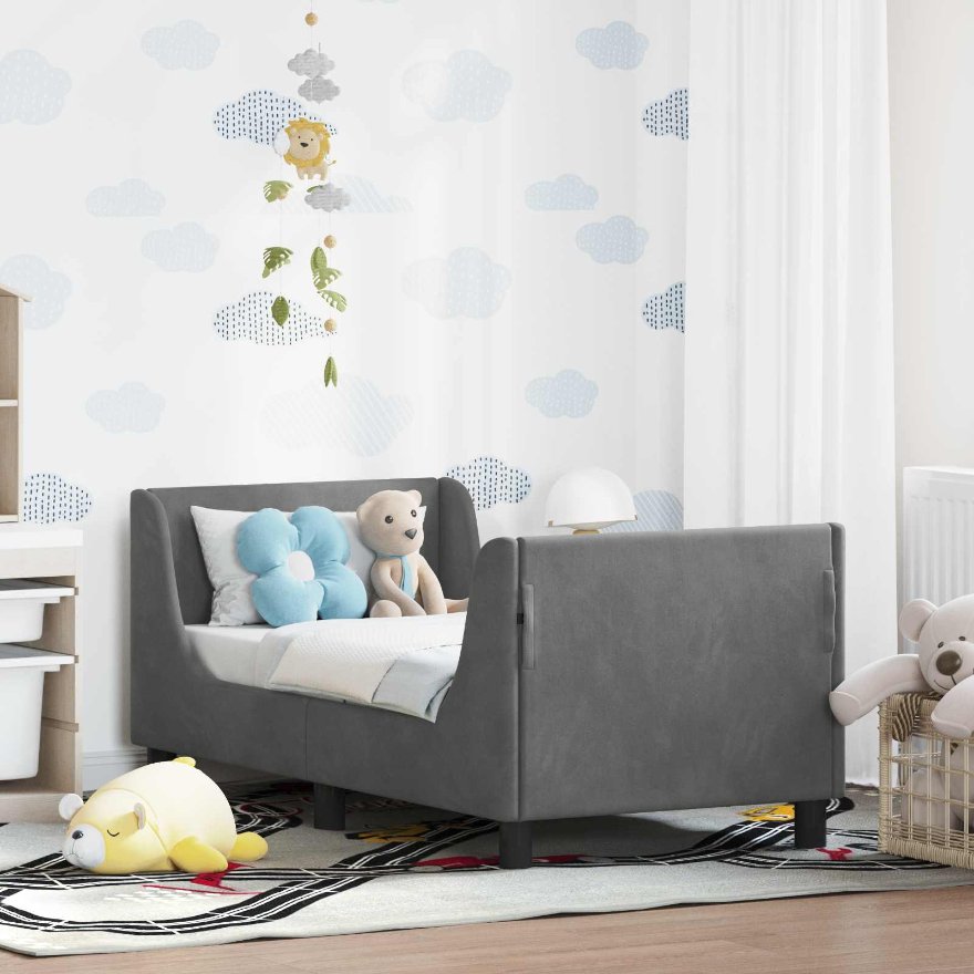 42010848_1.jpg vidaXL Rám detskej postele s čelom Tmavo šedá 70 x 140 cm Zamat – Obrázok 1