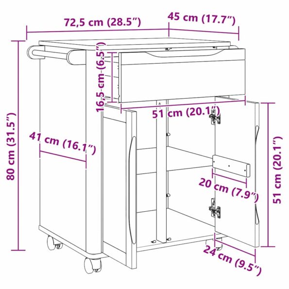 vidaXL Kuchynský vozík Biela 72,5 x 45 x 80 cm – Obrázok 12