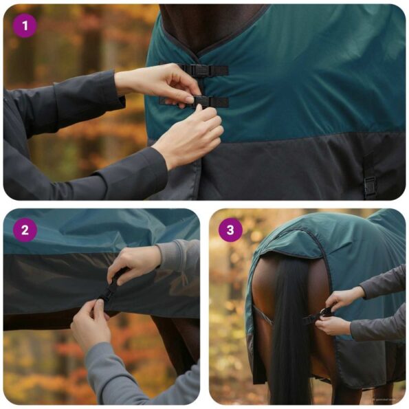 vidaXL Plášť pre kone Tmavozelená a čierna 145 cm Polyester – Obrázok 12