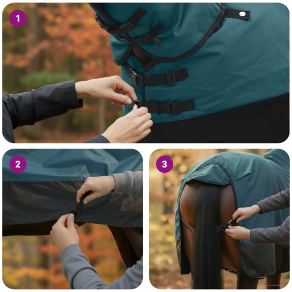 vidaXL Plášť pre kone Tmavozelená a čierna 145 cm Polyester – Obrázok 12