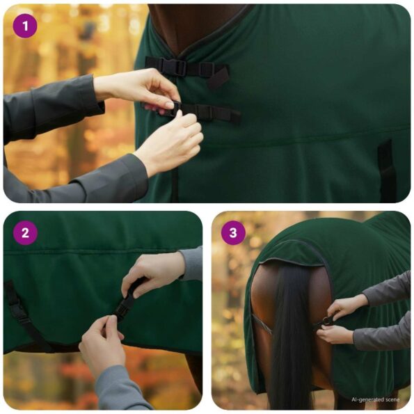 vidaXL Plášť pre kone Plná tmavozelená 165 cm Polyester – Obrázok 11