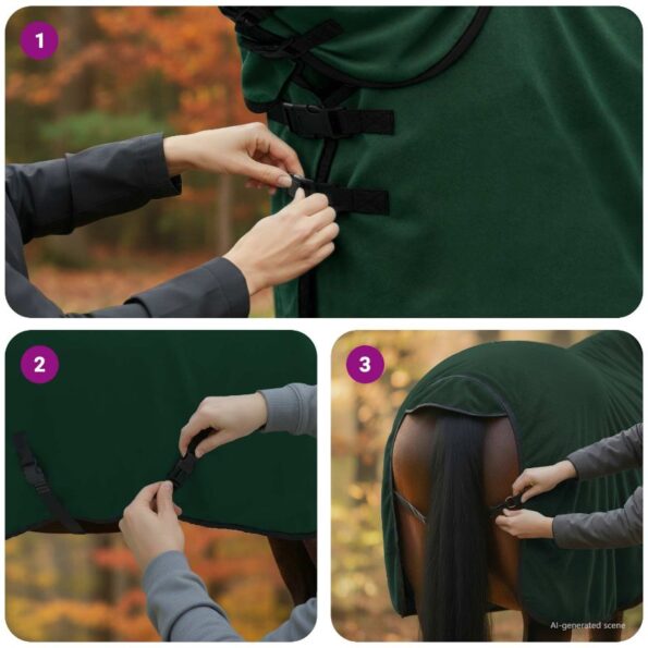 vidaXL Plášť pre kone Plná tmavozelená 105 cm Polyester – Obrázok 11