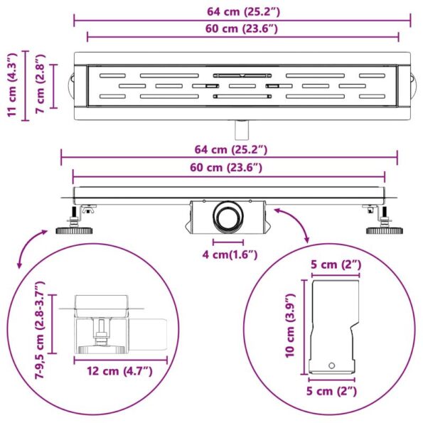 vidaXL Sprchový odtok s líniovým dizajnom Strieborná 60 cm – Obrázok 13