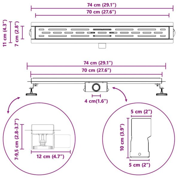 vidaXL Sprchový odtok s líniovým dizajnom Strieborná 70 cm – Obrázok 13