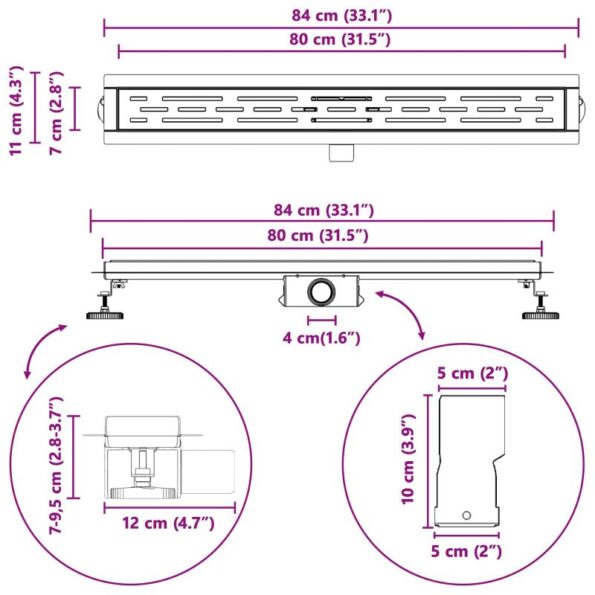 vidaXL Sprchový odtok s líniovým dizajnom Strieborná 80 cm – Obrázok 13