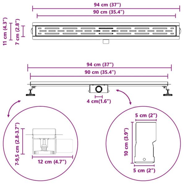 vidaXL Sprchový odtok s líniovým dizajnom Strieborná 90 cm – Obrázok 13