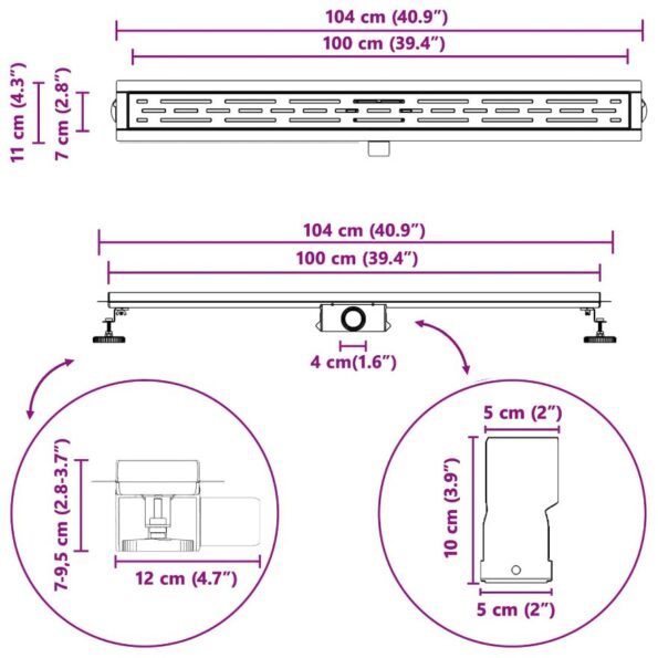 vidaXL Sprchový odtok s líniovým dizajnom Strieborná 100 cm – Obrázok 13