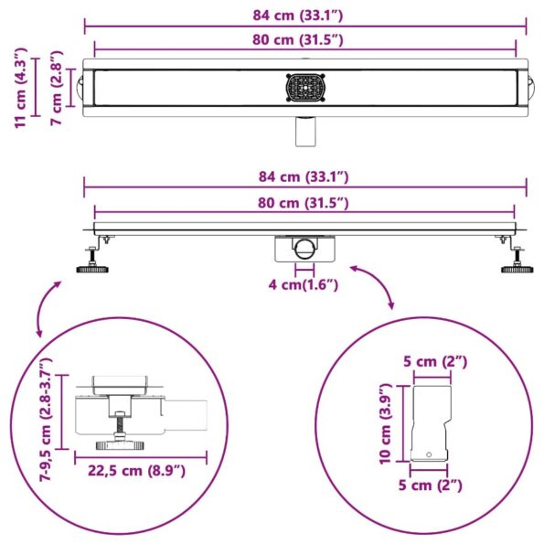 vidaXL 362-stupňový sprchový odtok s dizajnom línií Strieborná 80 cm – Obrázok 13
