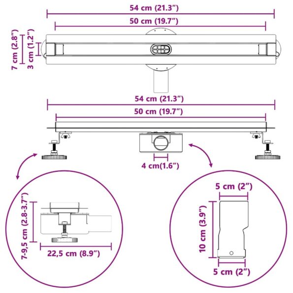 vidaXL 360° sprchový odtok so štíhlym modelom Strieborná 50 cm – Obrázok 13