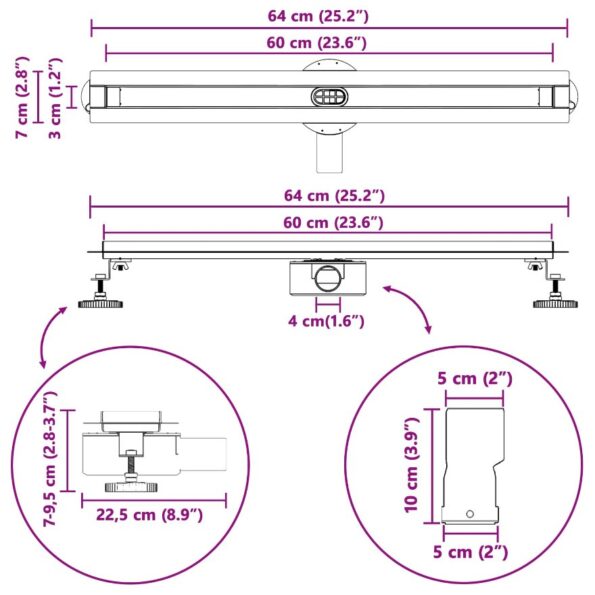 vidaXL 360° sprchový odtok so štíhlym modelom Strieborná 60 cm – Obrázok 13