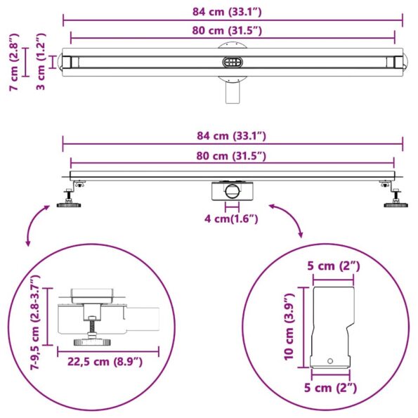 vidaXL 360° sprchový odtok so štíhlym modelom Strieborná 80 cm – Obrázok 13