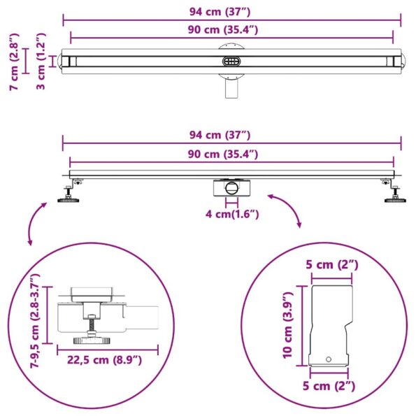 vidaXL 360° sprchový odtok so štíhlym modelom Strieborná 90 cm – Obrázok 13