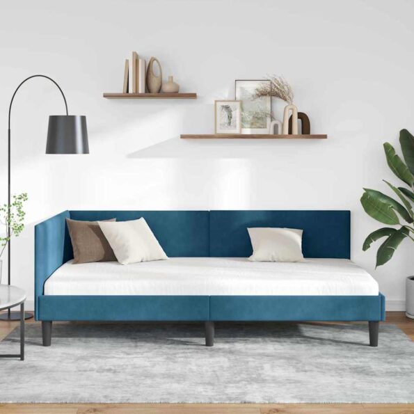 vidaXL Rohový rám postele s čelnou doskou Modrá 90 cm x 190 cm Zamat – Obrázok 3
