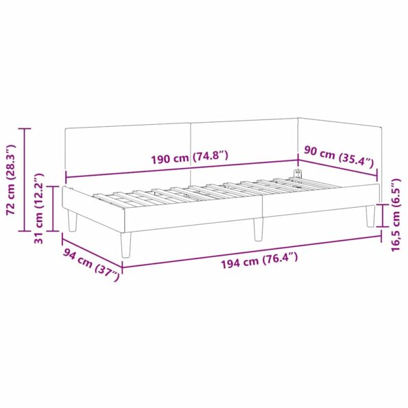 vidaXL Rohový rám postele Tyrkysová 90 cm x 190 cm Zamat – Obrázok 9