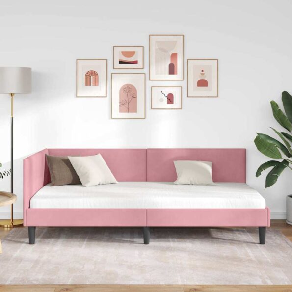 vidaXL Rohový rám postele s čelnou doskou Ružová 100 cm x 200 cm Zamat – Obrázok 3