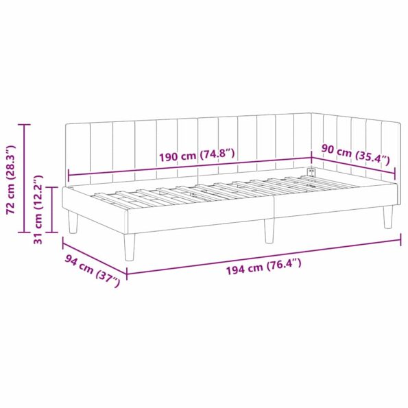 vidaXL Rohový rám postele s čelnou doskou Žltá 90 cm x 190 cm Zamat – Obrázok 9