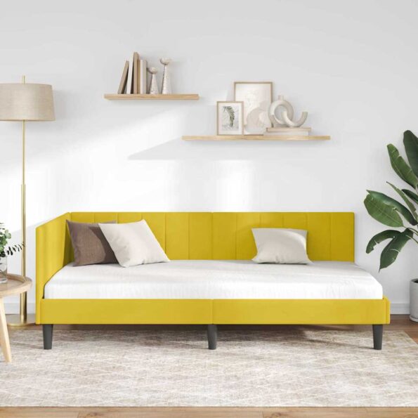 vidaXL Rohový rám postele s čelnou doskou Žltá 90 cm x 200 cm Zamat – Obrázok 3