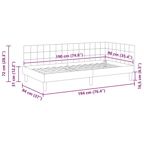vidaXL Rohový rám postele s čelnou doskou Žltá 90 cm x 190 cm Zamat – Obrázok 9