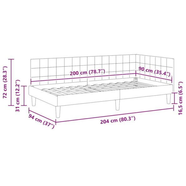 vidaXL Rohový rám postele s čelnou doskou Tmavo šedá 90 x 200 cm Zamat – Obrázok 9