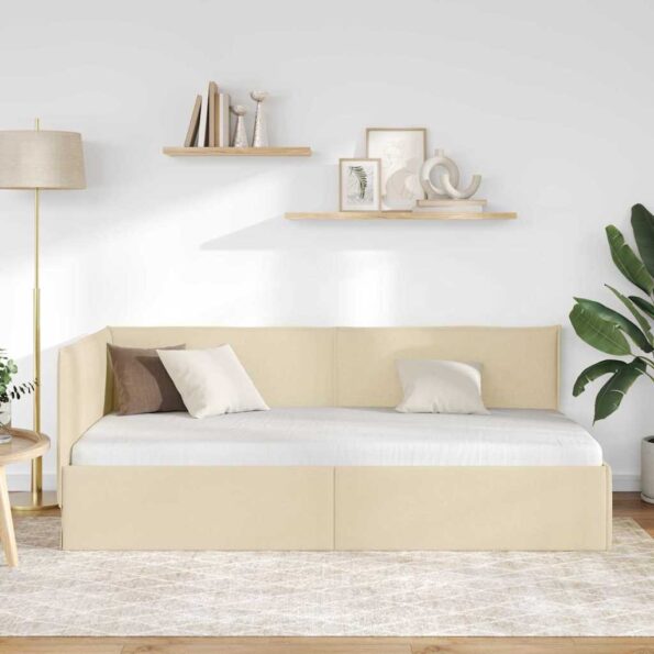 vidaXL Rohový rám postele s čelnou doskou Krémová 90 x 190 cm látka – Obrázok 3