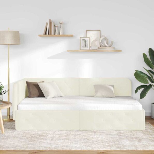 vidaXL Rohový rám postele s čelnou doskou Krémová 90 x 200 cm Zamat – Obrázok 4