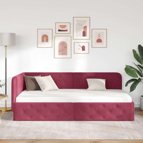 vidaXL Rohový rám postele Víno červené 100 x 200 cm Zamat – Obrázok 4