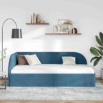 vidaXL Rohový rám postele s čelnou doskou Modrá 90 cm x 190 cm Zamat – Obrázok 3