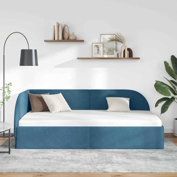 vidaXL Rohový rám postele s čelnou doskou Modrá 90 cm x 190 cm Zamat – Obrázok 3