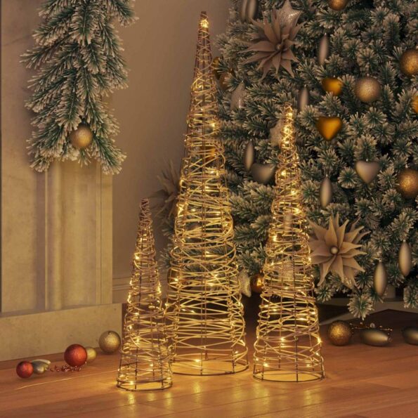vidaXL Vianočný stromček 3 pcs Teplá biela 20 x 20 x 80 cm Ratan – Obrázok 3